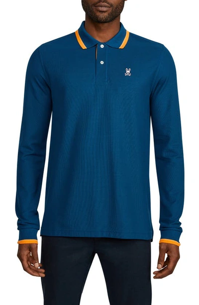Psycho Bunny Orton Tipped Long Sleeve Piqué Polo In Midnight Ocean
