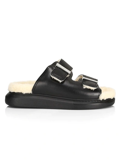 Alexander Mcqueen Shearling-lined Leather Exaggerated-sole Sandals In Black