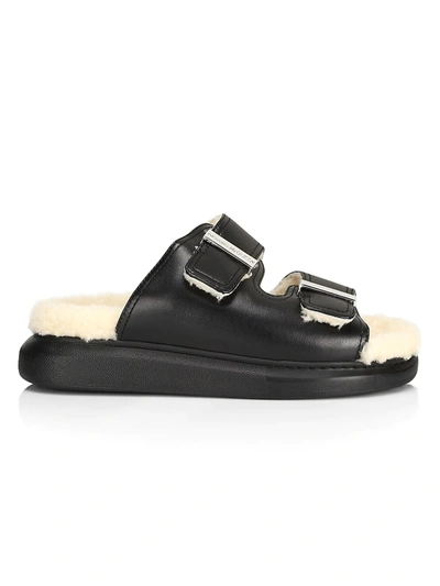 Alexander Mcqueen Shearling-lined Leather Exaggerated-sole Sandals In Black Mix