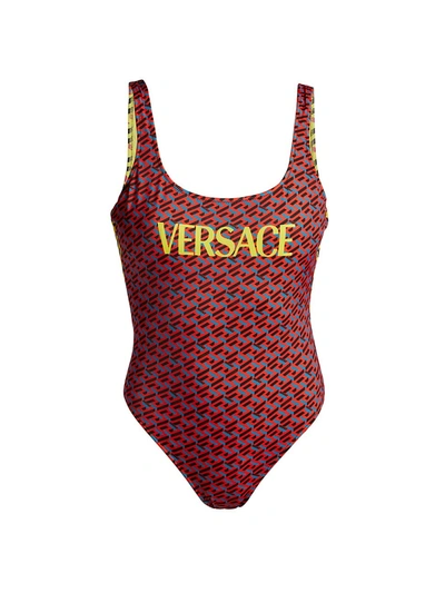 Versace Logo印花再生莱卡连体泳衣 In Orange Peel Regal Blue