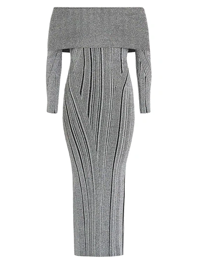 Herve Leger Off-the-shoulder Ribbed Metallic Stretch-knit Midi Dress In Grey Multi