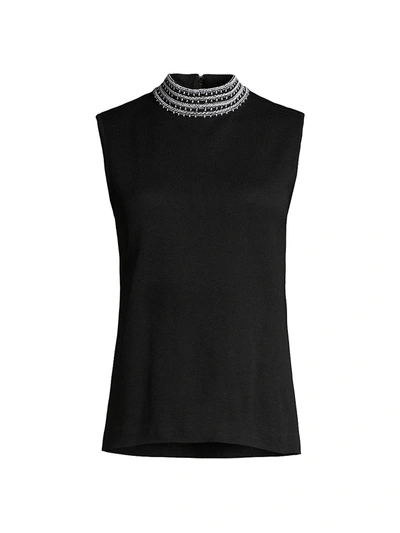 Misook Embroidered Mock-neck Knit Tank In Black/new Ivory