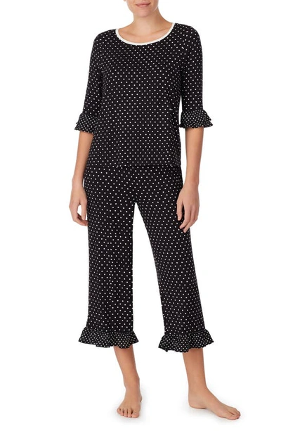 Kate Spade Polka Dot Jersey Crop Pajamas In Black Ivory Dot