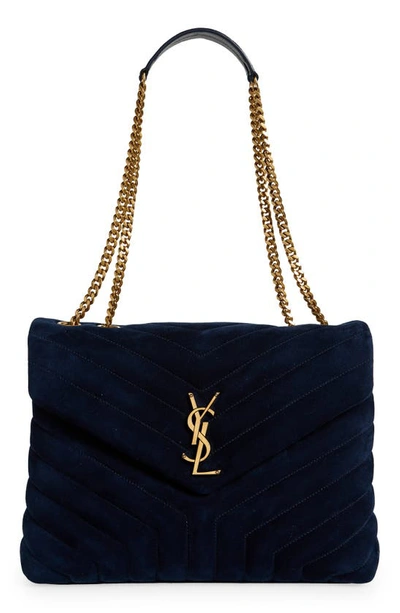 Saint Laurent Medium Lou Matelassé Suede Shoulder Bag In Deep Blue