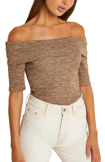 River Island Space Dye Off The Shoulder Top In Brown