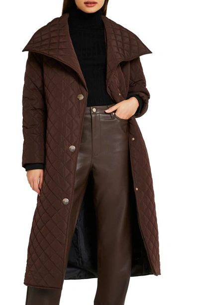 River Island Fallaway Quilted Padded Coat In Dark Brown