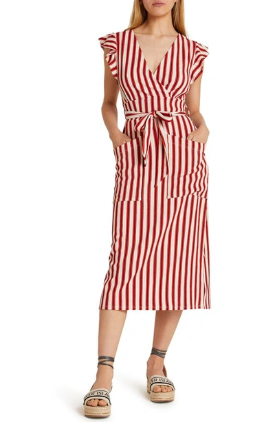 River Island Stripe Pocket Tie Waist Midi Dress In Red ModeSens