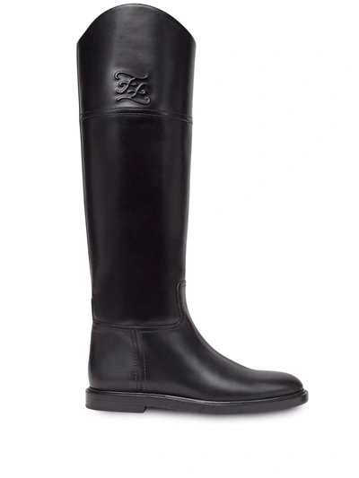Fendi Karligraphy Knee-high Leather Boots In Black