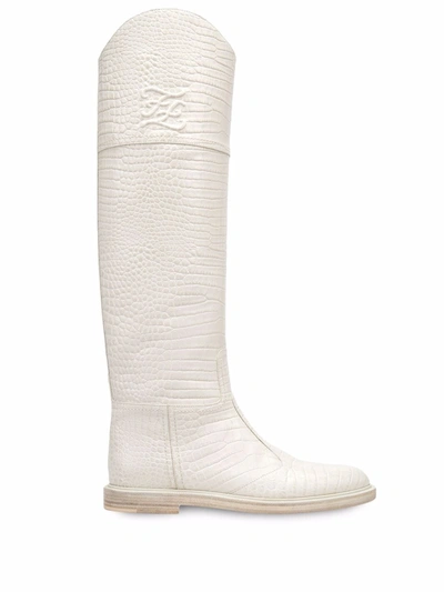 Fendi Karligraphy Logo Croc Embossed Riding Boot In Blanc