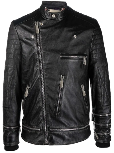 Philipp Plein Iconic Plein Leather Biker Jacket In Schwarz
