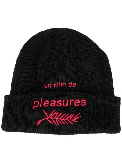 Pleasures Film Beanie Black Rib Knit Beanie With Red Embroidery In Nero