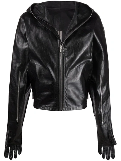 Rick Owens Hooded Leather Biker Jacket In Black