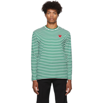 Comme Des Garçons Play Long Sleeve Stripe Cotton T-shirt In Green And White