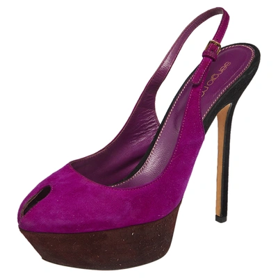 Pre-owned Sergio Rossi Purple Suede Cachet Peep Toe Platform Slingback Sandals Size 37.5