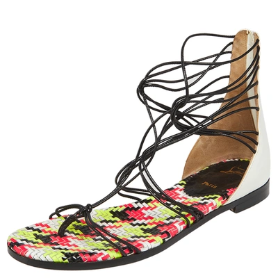 Pre-owned Christian Louboutin White/black Patent Leather Blanca Gladiator Flat Sandals Size 37