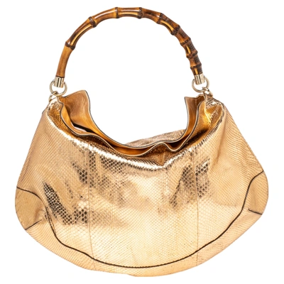 Pre-owned Gucci Metallic Gold Python Peggy Bamboo Hobo