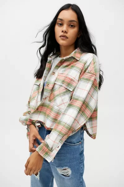 Bdg Caleb Cropped Flannel Shirt In Red Multi