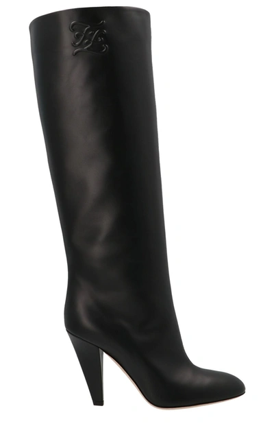 Fendi Karligraphy Logo-embossed Leather Knee Boots In Black