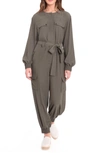 DONNA MORGAN LONG SLEEVE UTILITY JUMPSUIT