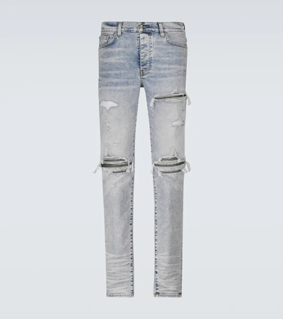 Amiri Mx1' Ribbed Leather Knee Patch Ripped Washed Skinny Jeans In Clayindigo