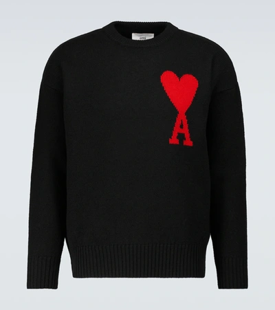 Ami Alexandre Mattiussi Ami Paris Ami De Coeur Monogram Crewneck Sweater In Black