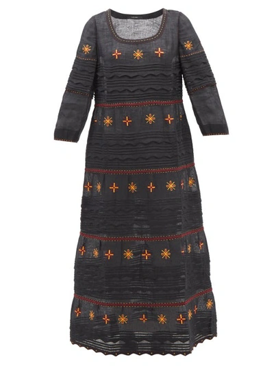 Vita Kin Karina Pintucked Embroidered Linen Midi Dress In Black | ModeSens