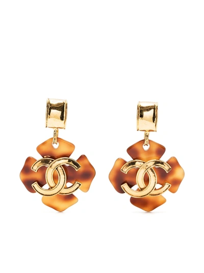 Pre-owned Chanel 1994 Cc Clover Clip-on Earrings In Brown