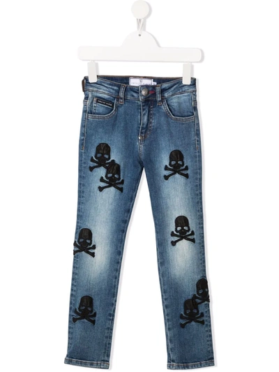 Philipp Plein Junior Kids' Skull-embroidered Regular-fit Jeans In Blue
