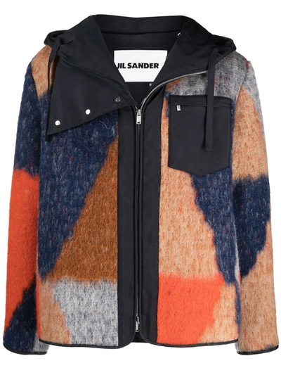 Jil Sander Colour Block Wool Hooded Jacket In Blue