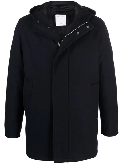 Sandro Wool And Cashmere Blend Hooded Parka In Navy Blue