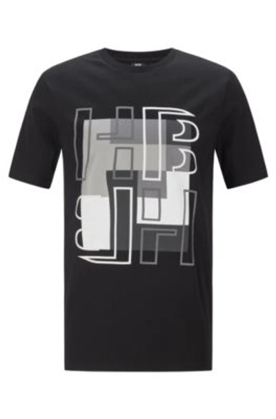 Hugo Boss Cotton Jersey Regular Fit T Shirt With Monogram Artwork In Black