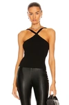 Rta Mae Stretch Cotton Crossover Halter Tank In Black