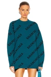 Balenciaga Logo Wool-blend Oversized Sweater In Petrol Blue & Black