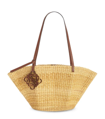 Loewe Shell Elephant Grass And Leather Basket Bag In Natural Pecan