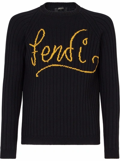 Fendi Logo嵌花毛衣 In Black,yellow