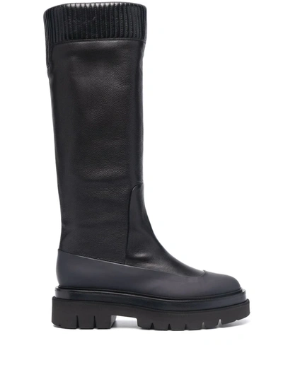 Santoni Ribbed Leather Knee-high Boots In Schwarz