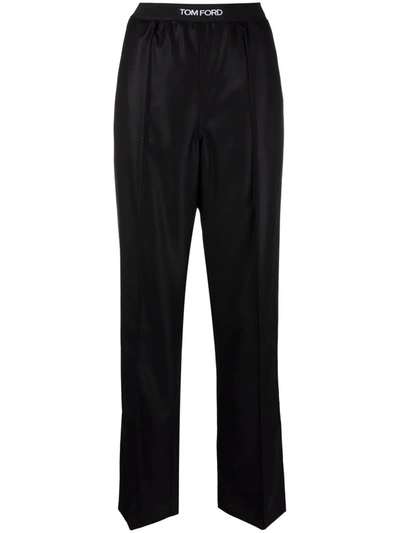 Tom Ford Logo-waist Velvet Straight-leg Trousers In Nero