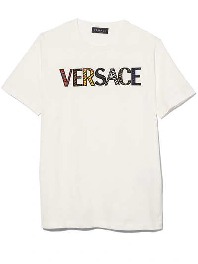 Versace Kids' La Greca Embroidered Logo Cotton T-shirt In White