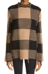Red Valentino Cotton Sweater With Beige And Black Macro Vichy Pattern In Cammello/ Nero