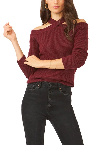 1.state Cross Neck Cold Shoulder Cotton Blend Sweater In Wine