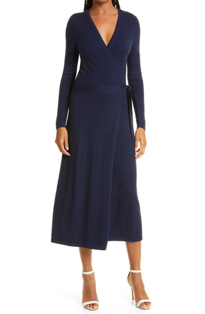 Dvf Astrid Long Sleeve Wool & Cashmere Wrap Dress In New Navy