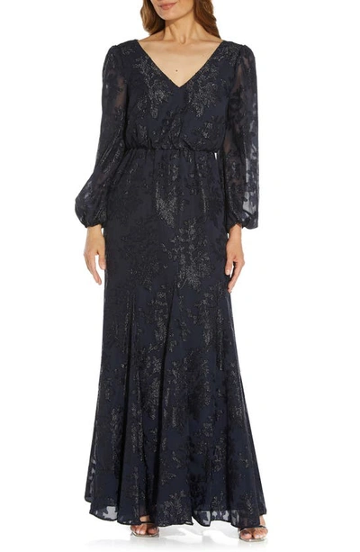 Adrianna Papell Metallic Burnout Chiffon Long Sleeve Trumpet Gown In Light Navy