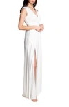 Dress The Population Krista V-neck Tie-waist Coated Jersey Gown In White