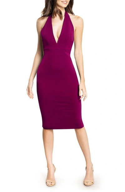 Dress The Population Vanessa Halter Body-con Midi Dress In Dark Magenta