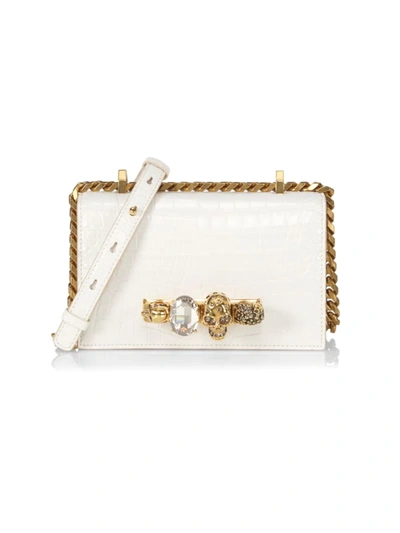 Alexander Mcqueen Mini Croc-embossed Jewelled Leather Satchel In Deep Ivory