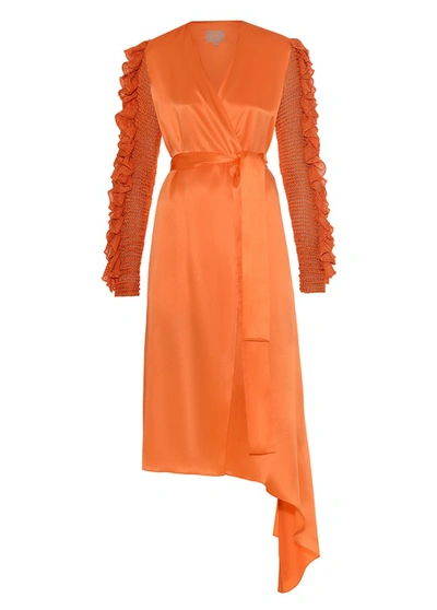 Liya Wrap Silk Dress W/ Ruffled Knit Sleeves In Orange