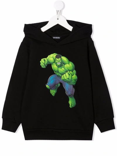 Balenciaga Kids' Hulk Print Cotton Sweatshirt Hoodie In Black,green