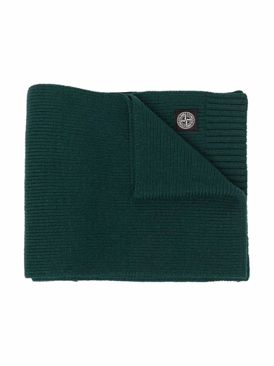 Stone Island Junior Kids' Logo-patch Knit Scarf In Green