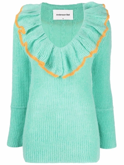 Andersson Bell Fabiana Ruffle Deep V Neck Alpaca Sweater In Mint