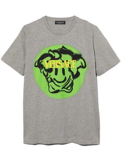 Versace Teen Medusa Emoji Print Cotton T-shirt In Grey